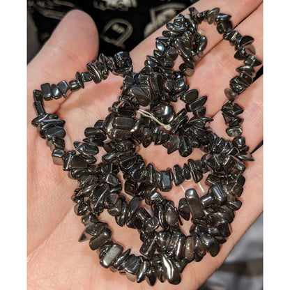 Hematite Chip Beaded Necklace 33 Inches Long Polished Natural Stone Jewelry Black & Metallic Shine