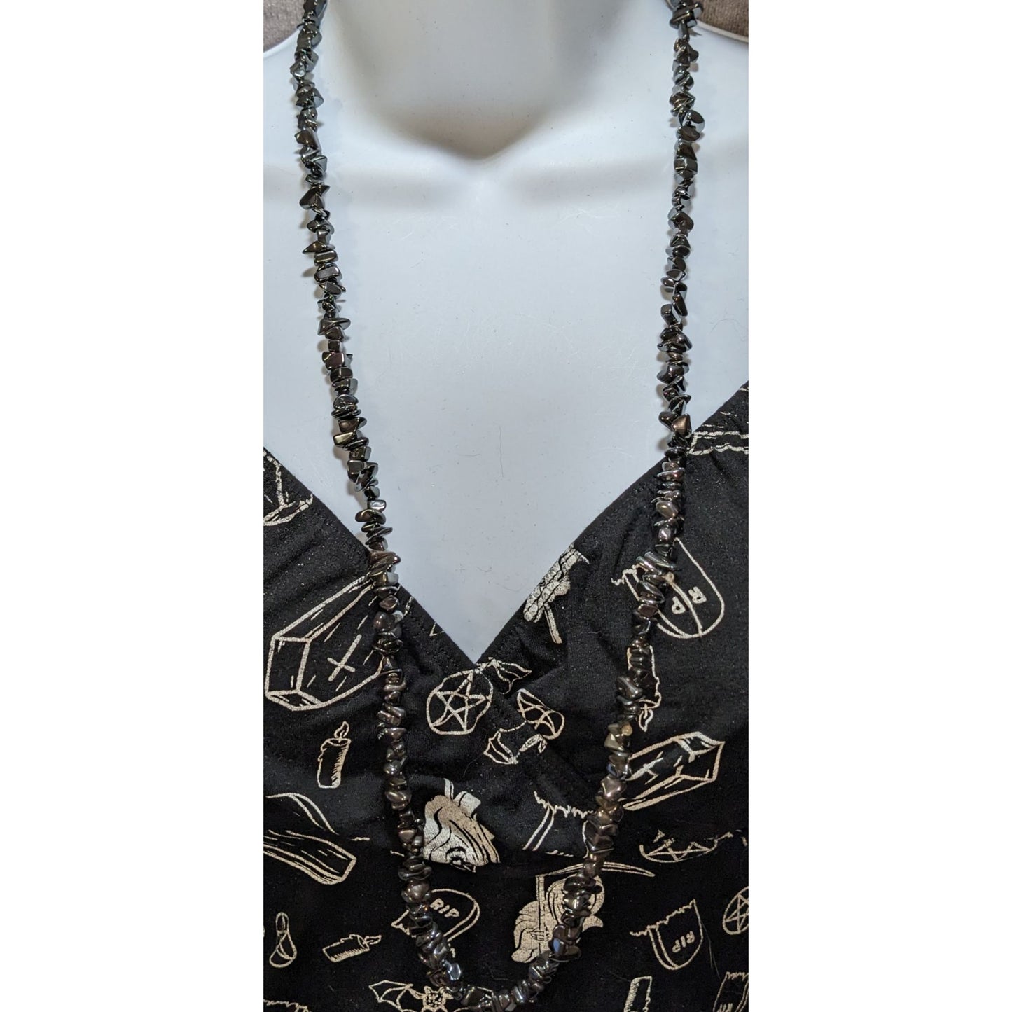 Hematite Chip Beaded Necklace 33 Inches Long Polished Natural Stone Jewelry Black & Metallic Shine