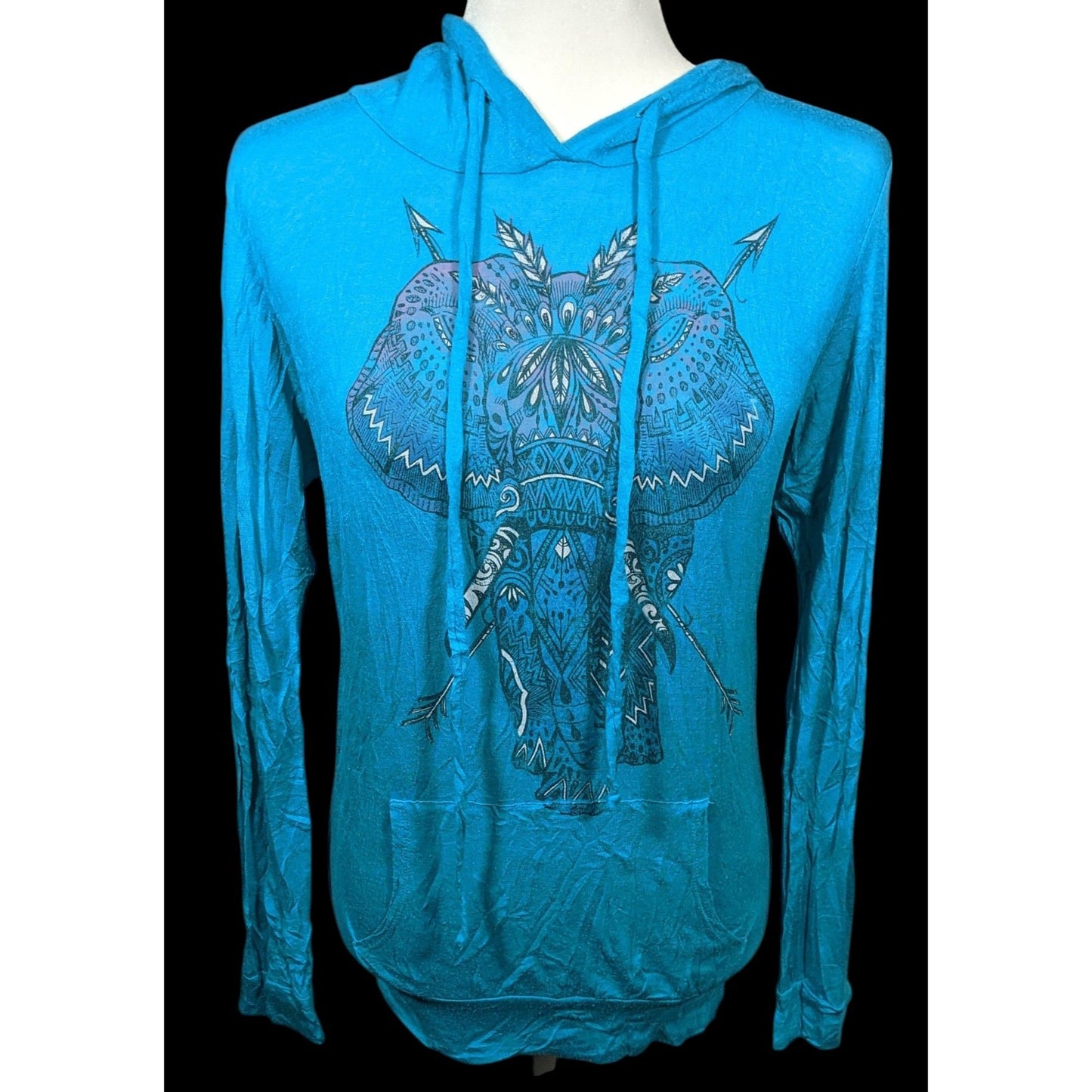 Blue Bohemian Elephant Hooded Top With Kangaroo Pocket