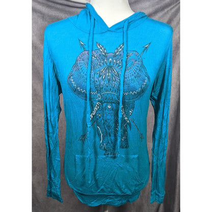 Blue Bohemian Elephant Hooded Top With Kangaroo Pocket