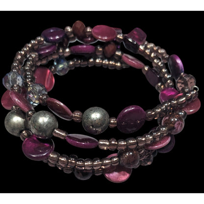 Whimsical Mermaidcore Purple And Silver Tone Shell And Glass Beaded Coil Bracelet