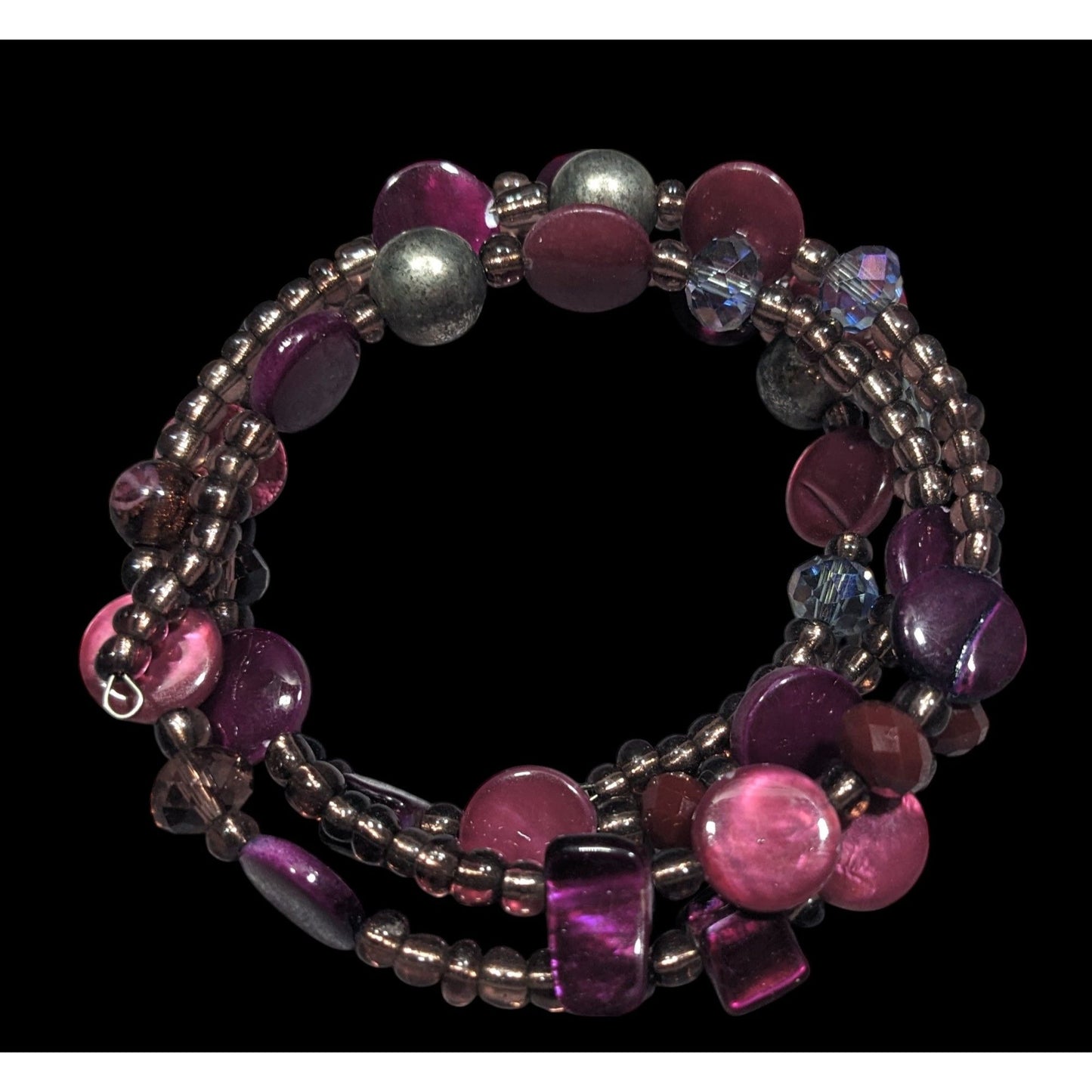 Whimsical Mermaidcore Purple And Silver Tone Shell And Glass Beaded Coil Bracelet