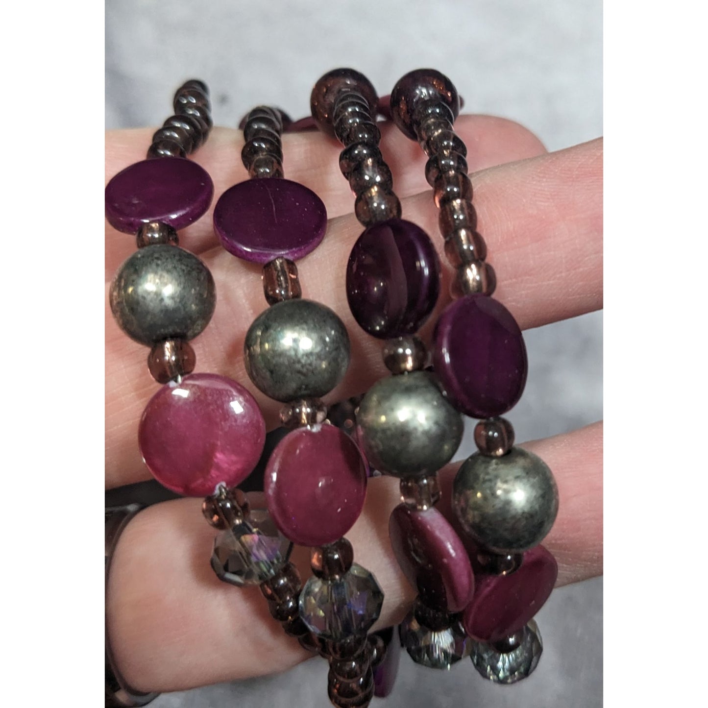 Whimsical Mermaidcore Purple And Silver Tone Shell And Glass Beaded Coil Bracelet