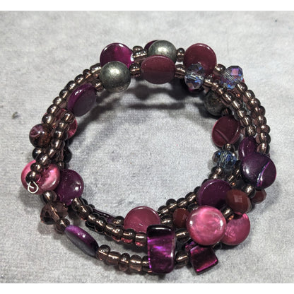 Whimsical Mermaidcore Purple And Silver Tone Shell And Glass Beaded Coil Bracelet