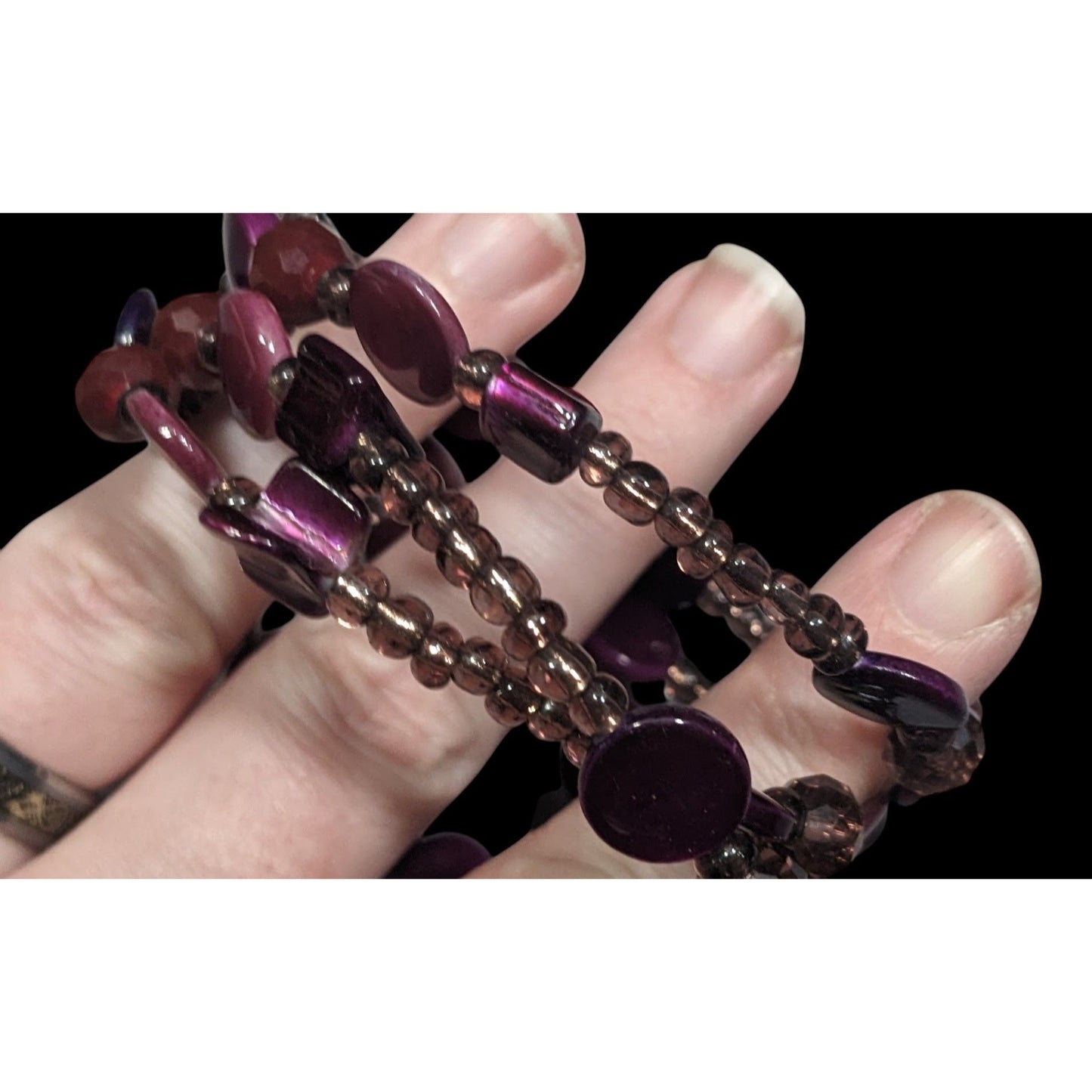 Whimsical Mermaidcore Purple And Silver Tone Shell And Glass Beaded Coil Bracelet