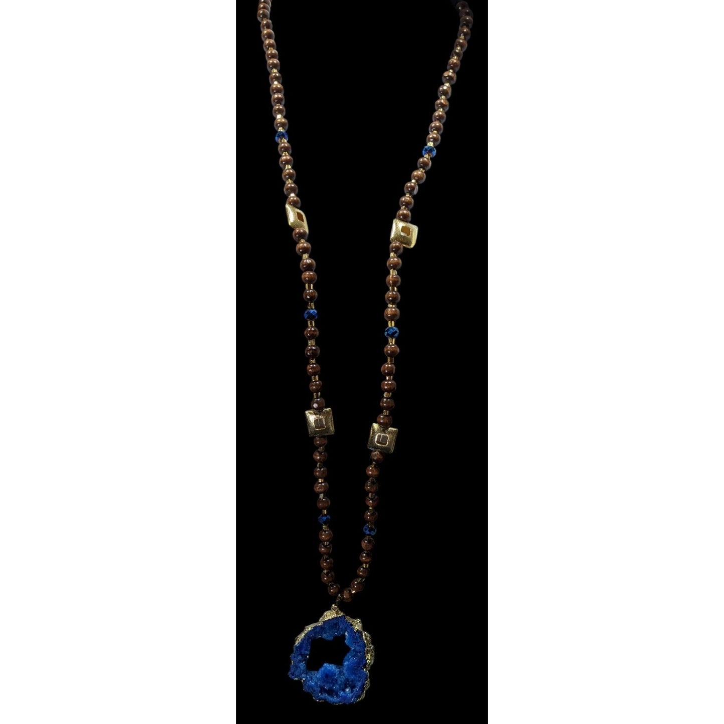 Blue Faux Geode Slice Pendant Necklace With Brown Wood And Gold Tone Metal Beads