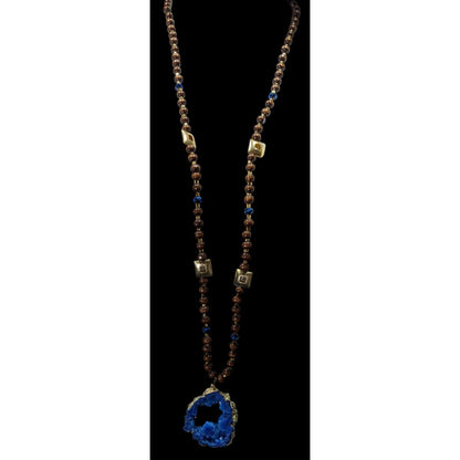 Blue Faux Geode Slice Pendant Necklace With Brown Wood And Gold Tone Metal Beads