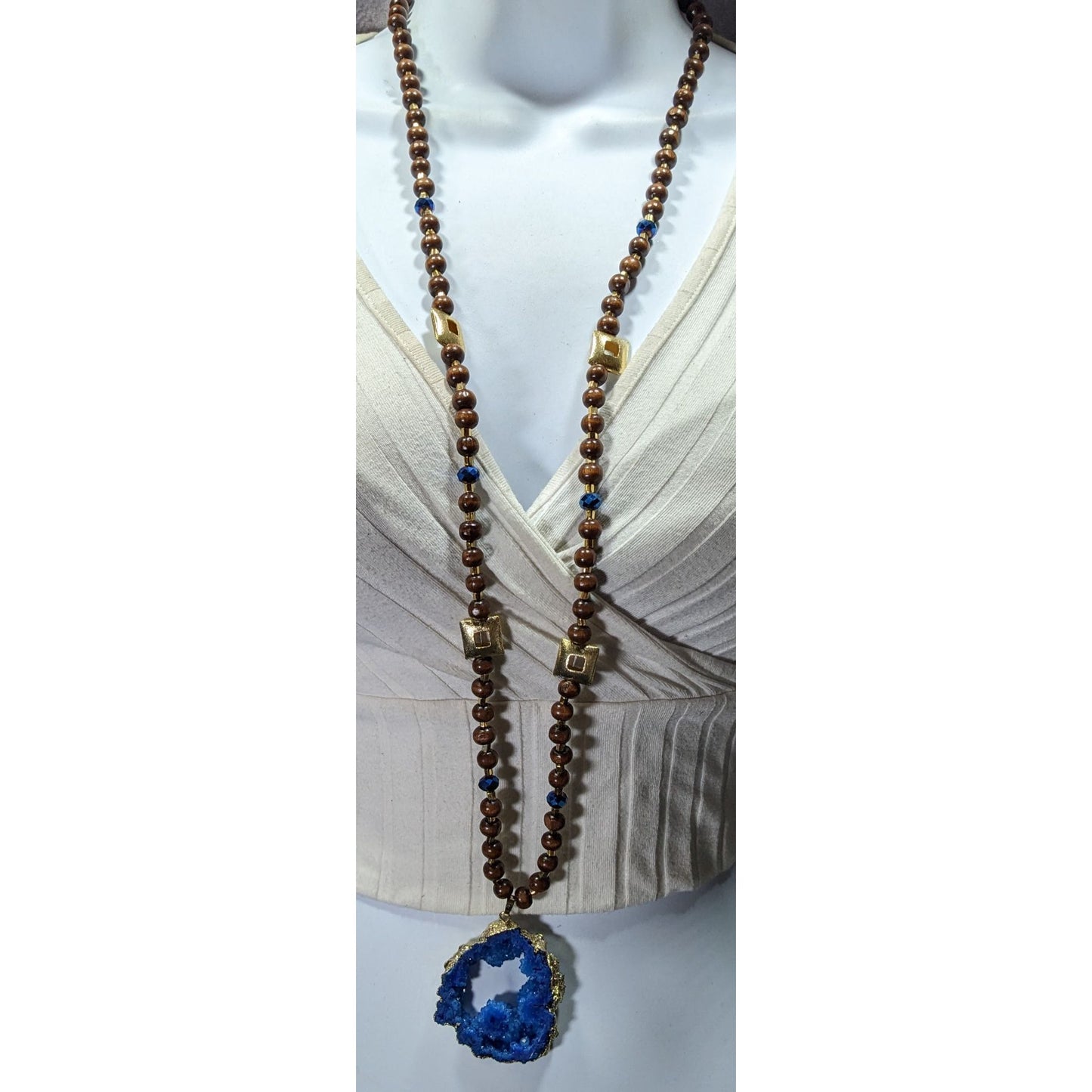 Blue Faux Geode Slice Pendant Necklace With Brown Wood And Gold Tone Metal Beads