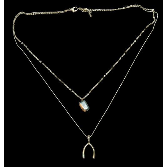 Layered Lucky Wishbone And Picture Jasper Dual Pendant Necklace