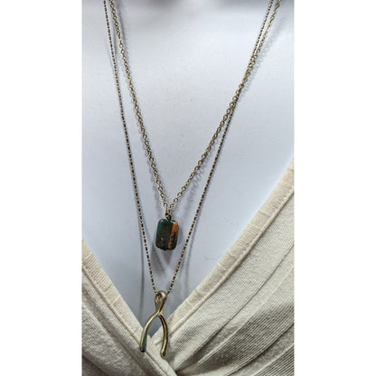 Layered Lucky Wishbone And Picture Jasper Dual Pendant Necklace