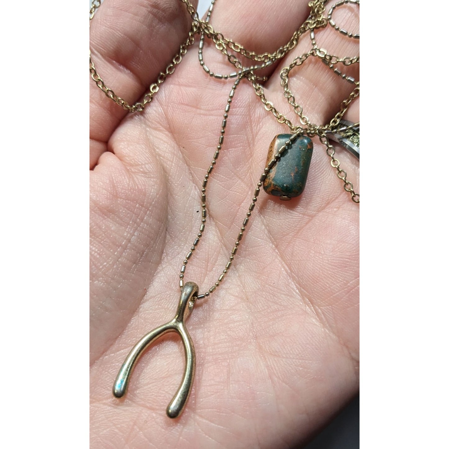 Layered Lucky Wishbone And Picture Jasper Dual Pendant Necklace