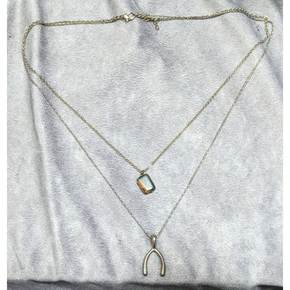 Layered Lucky Wishbone And Picture Jasper Dual Pendant Necklace