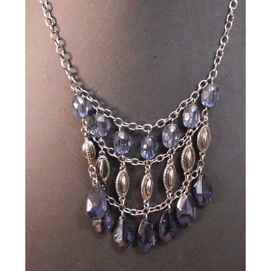 Gothic Blue And Silver Tone Beaded Bib Necklace