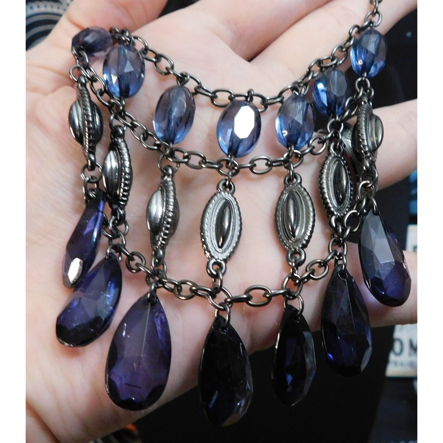 Gothic Blue And Silver Tone Beaded Bib Necklace