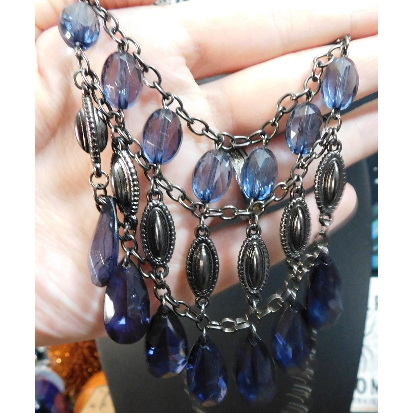 Gothic Blue And Silver Tone Beaded Bib Necklace