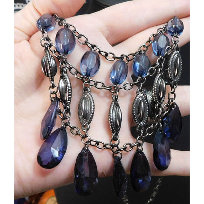 Gothic Blue And Silver Tone Beaded Bib Necklace