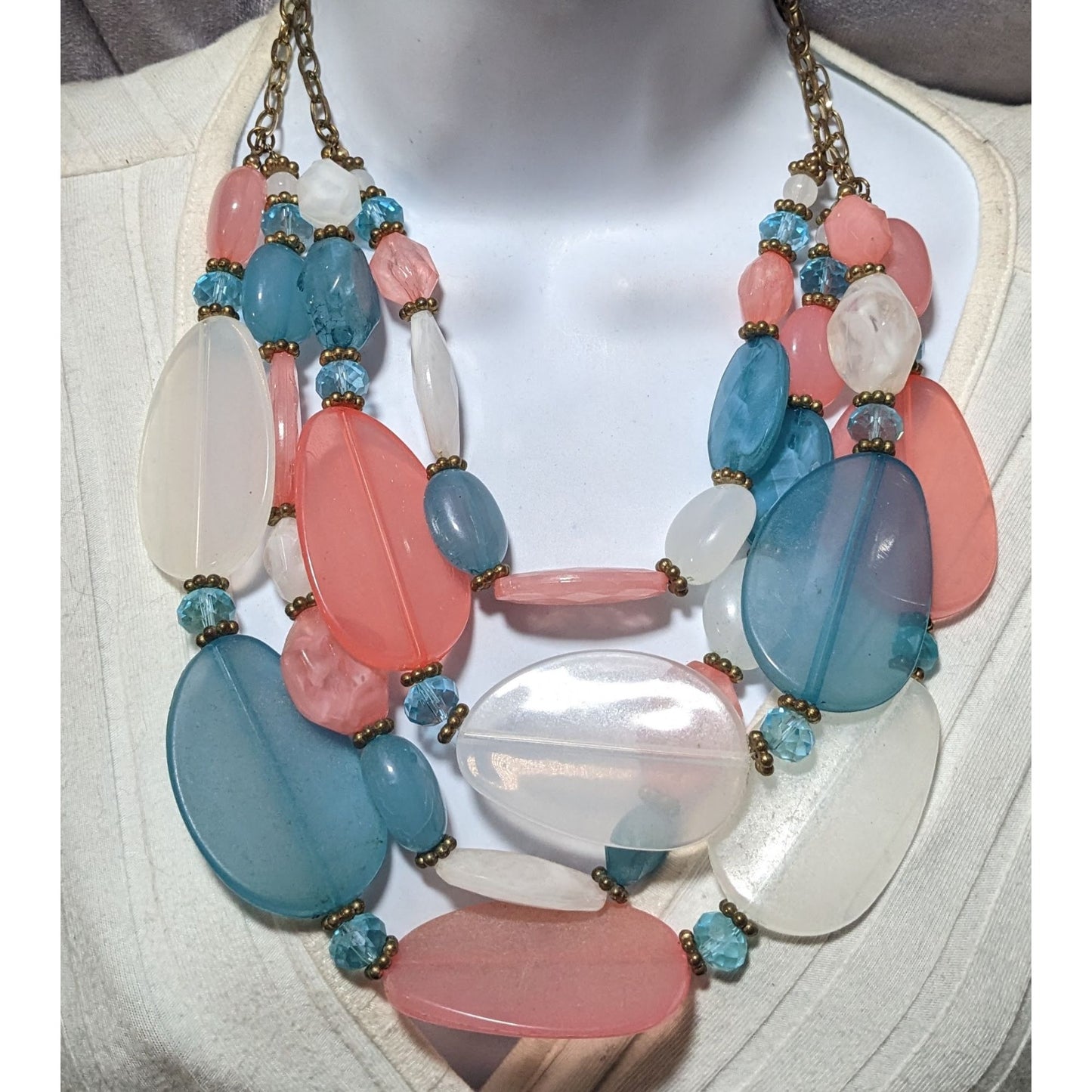 Chunky Pink Blue And White Statement Necklace