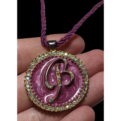 Purple Enamel Rhinestone B Medallion Necklace