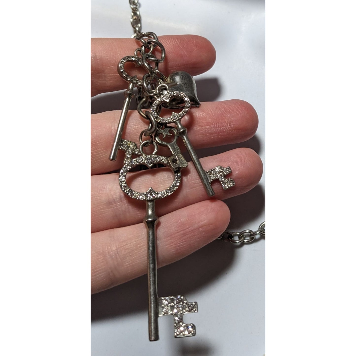 Silver Rhinestone Key Charm Cluster Necklace