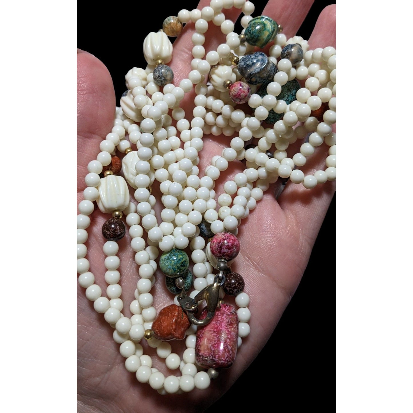 Vintage White And Rainbow Beaded Lucite Necklace