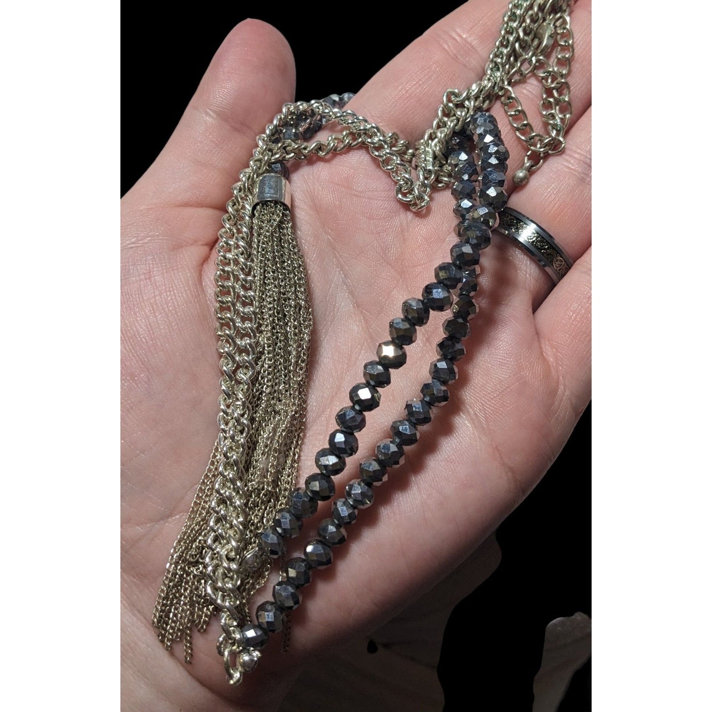 Glam Glass Beaded Chain Tassel  Necklace