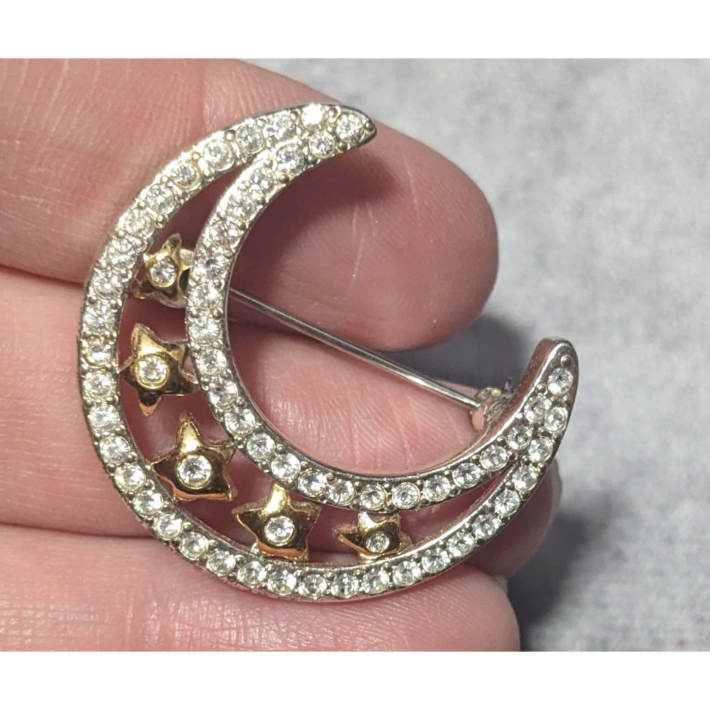 Vintage Monet Crescent Moon And Star Silver And Gold Tone Gemmed Brooch