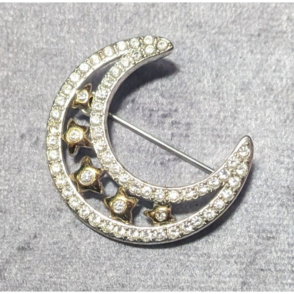 Vintage Monet Crescent Moon And Star Silver And Gold Tone Gemmed Brooch