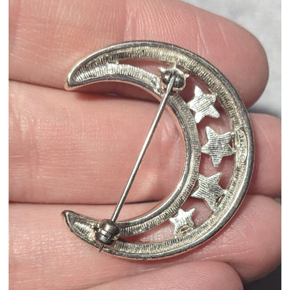 Vintage Monet Crescent Moon And Star Silver And Gold Tone Gemmed Brooch