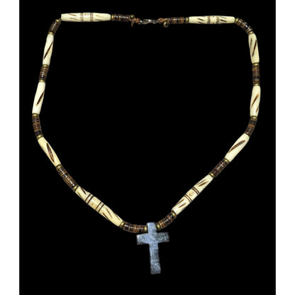 Vintage Carved Bead Blue Jasper Cross Necklace