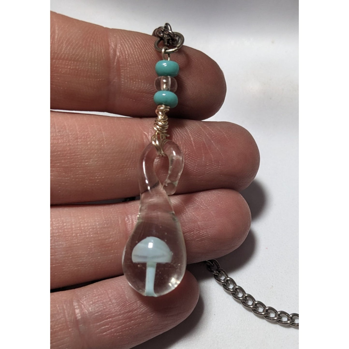 Light Blue Glass Mushroom Water Drop Pendant Necklace