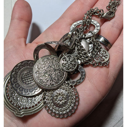 Silver Floral Medallion Embossed Charm Necklace