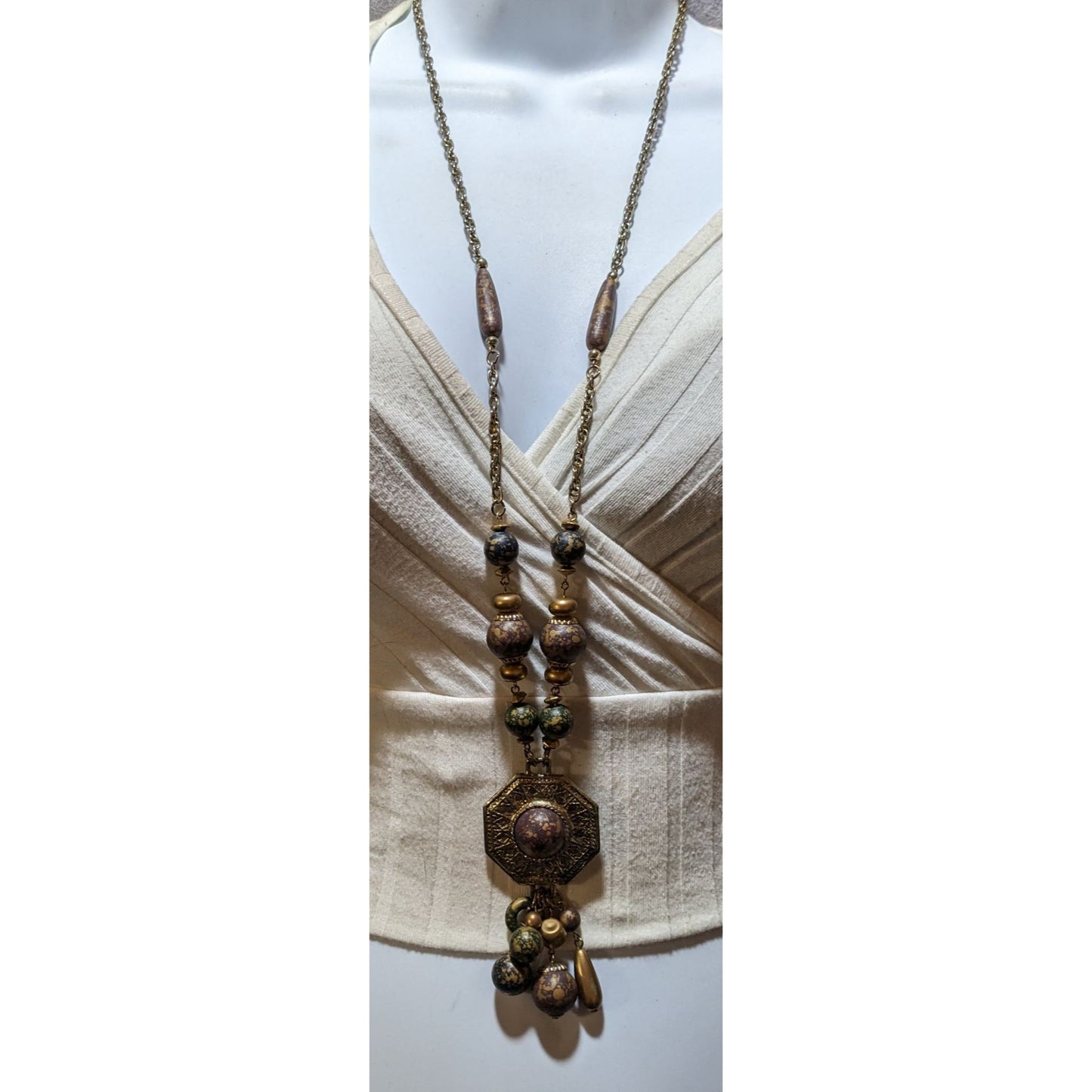 Vintage 80s Bohemian Metallic Beaded Tassel Necklace