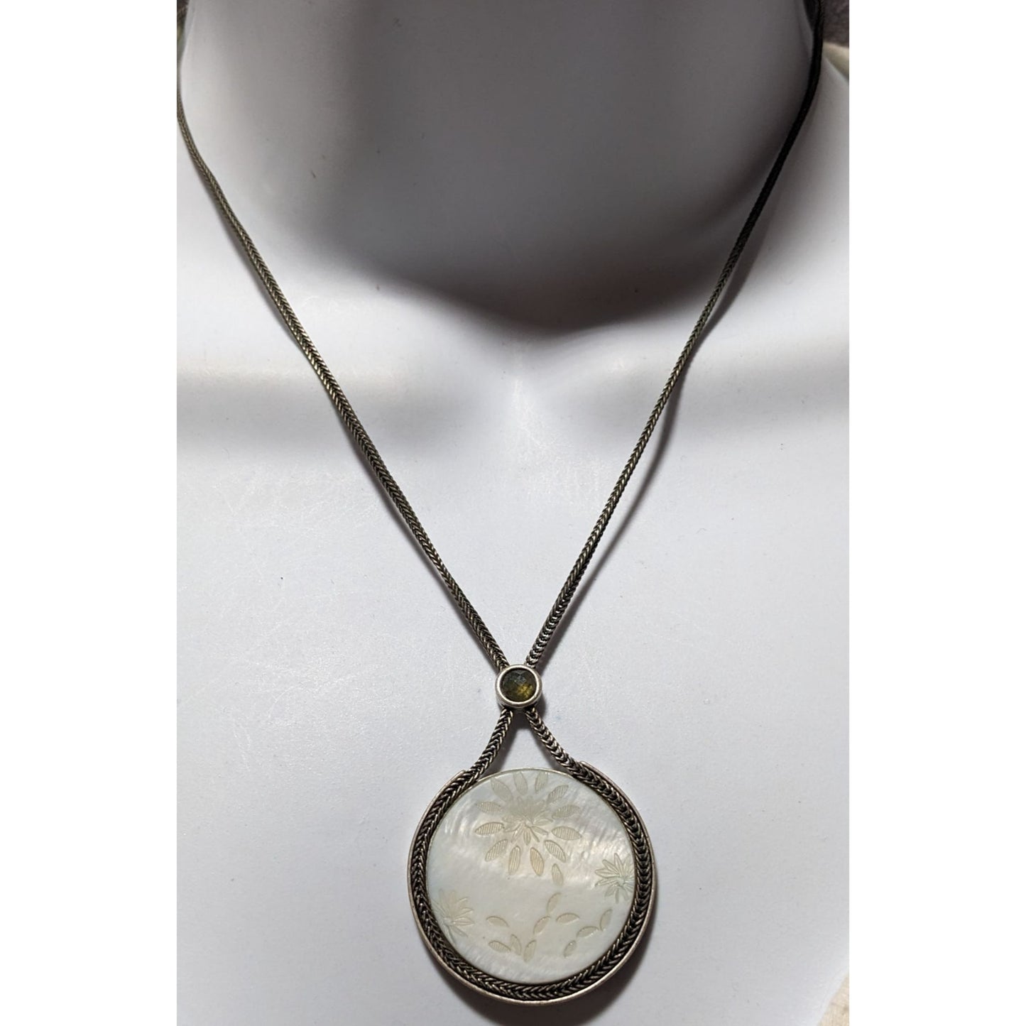 Vintage Versona Mother Of Pearl Carved Floral Pendant Necklace