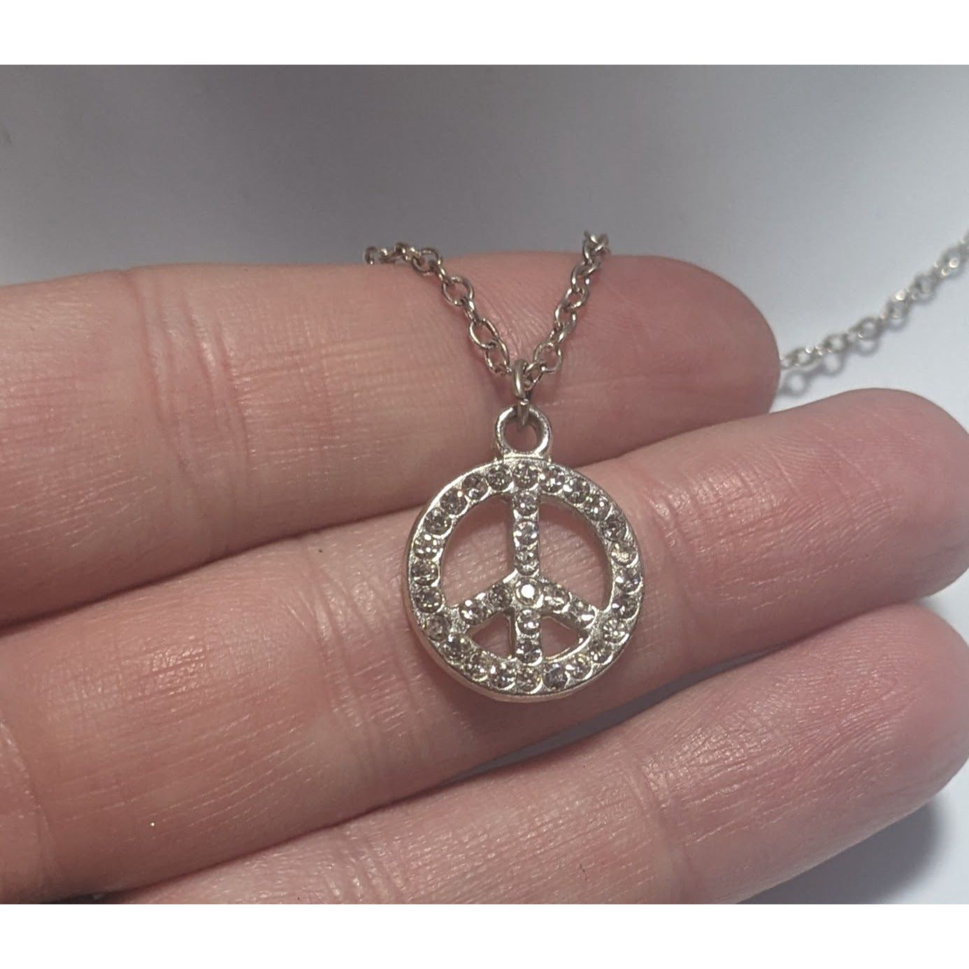 Silver Rhinestone Peace Sign Necklace