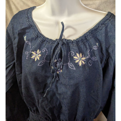 Studio Basic Denim Floral Peasant Top