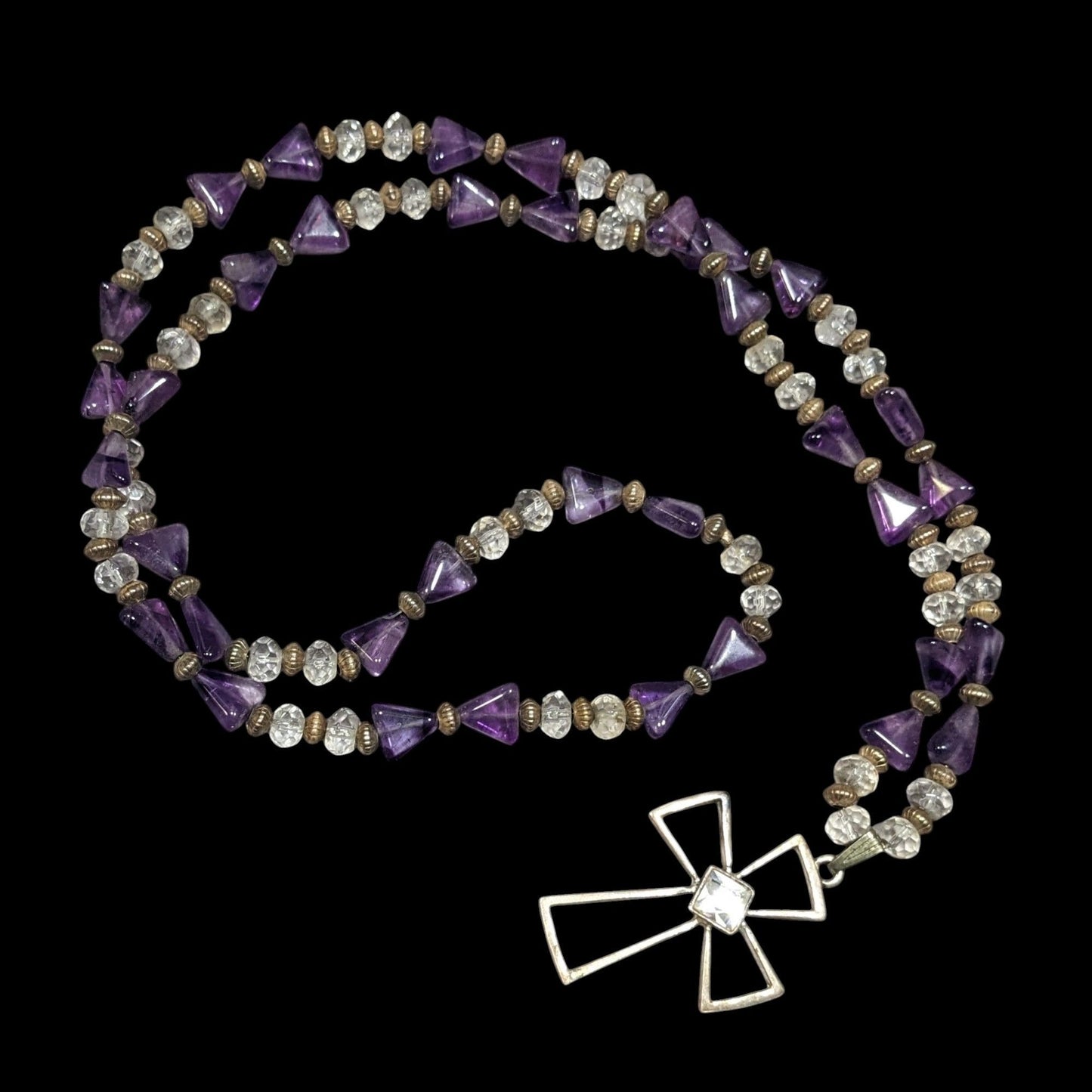 Amethyst And Glass Beaded Open Silver Tone Cross Pendant Necklace