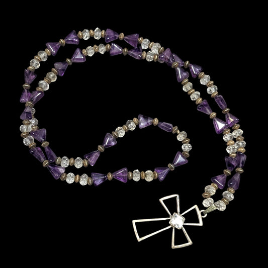 Amethyst And Glass Beaded Open Silver Tone Cross Pendant Necklace