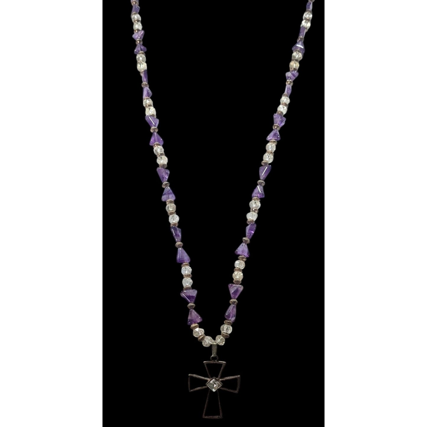 Amethyst And Glass Beaded Open Silver Tone Cross Pendant Necklace