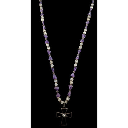 Amethyst And Glass Beaded Open Silver Tone Cross Pendant Necklace
