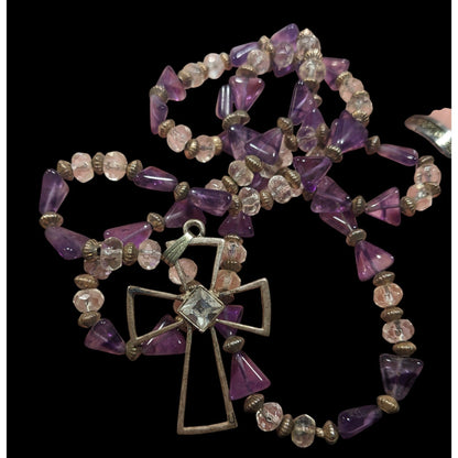 Amethyst And Glass Beaded Open Silver Tone Cross Pendant Necklace