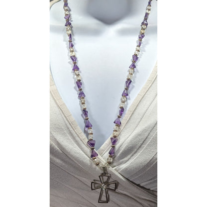 Amethyst And Glass Beaded Open Silver Tone Cross Pendant Necklace