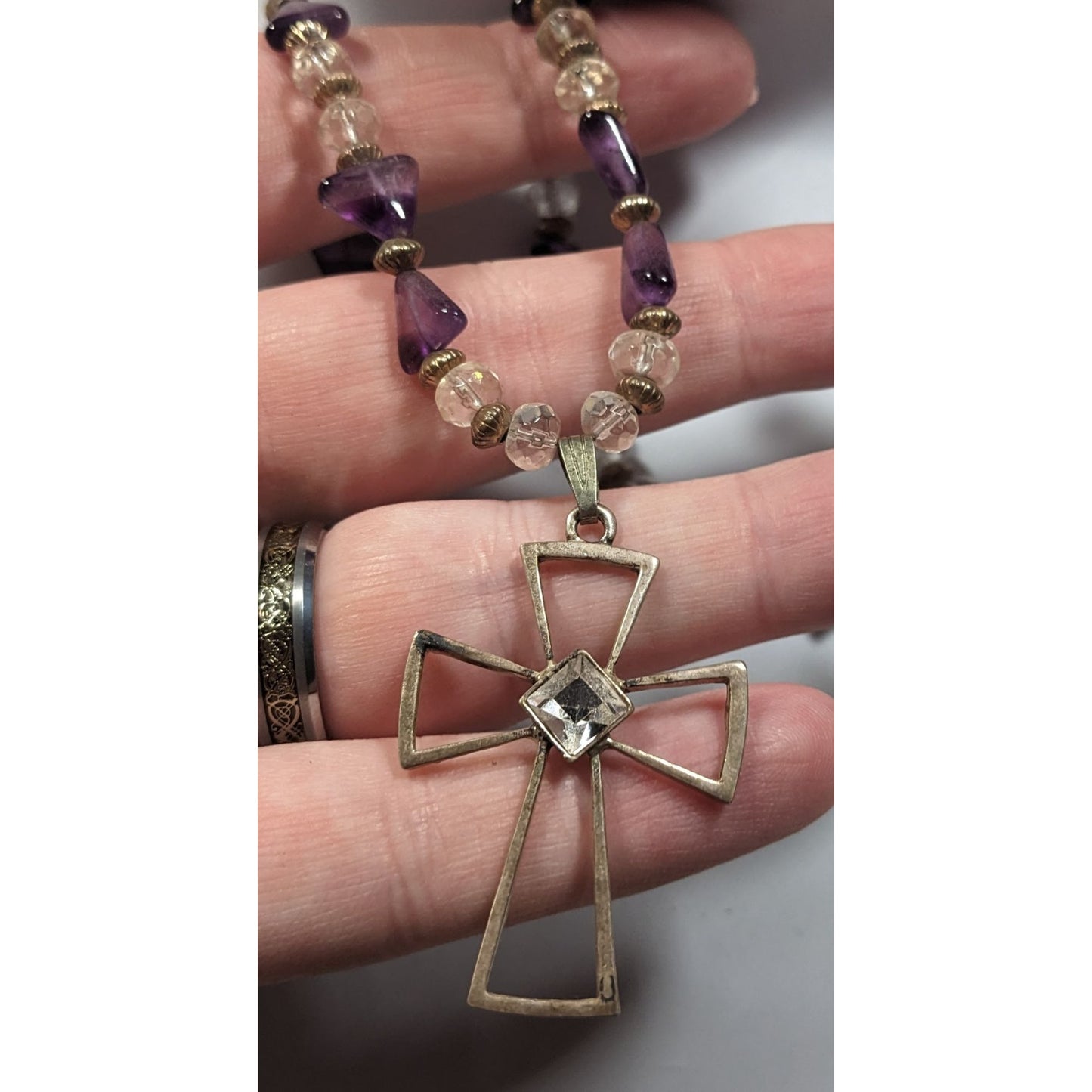 Amethyst And Glass Beaded Open Silver Tone Cross Pendant Necklace