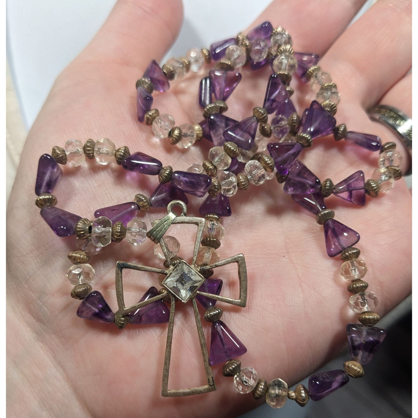 Amethyst And Glass Beaded Open Silver Tone Cross Pendant Necklace