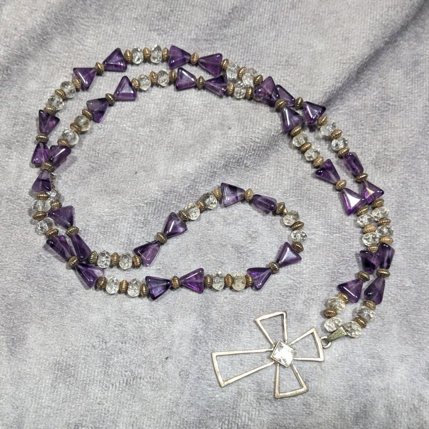 Amethyst And Glass Beaded Open Silver Tone Cross Pendant Necklace