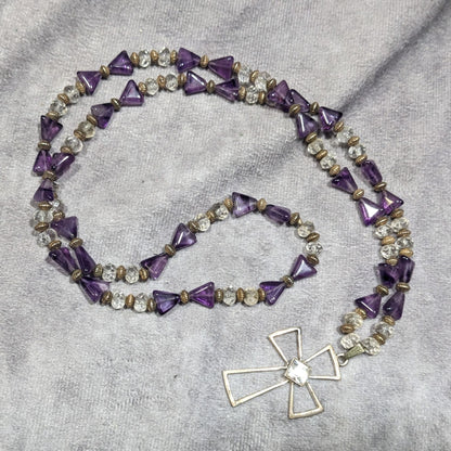 Amethyst And Glass Beaded Open Silver Tone Cross Pendant Necklace