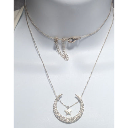 Moon And Suspended Star Gold Rhinestone Neckalce