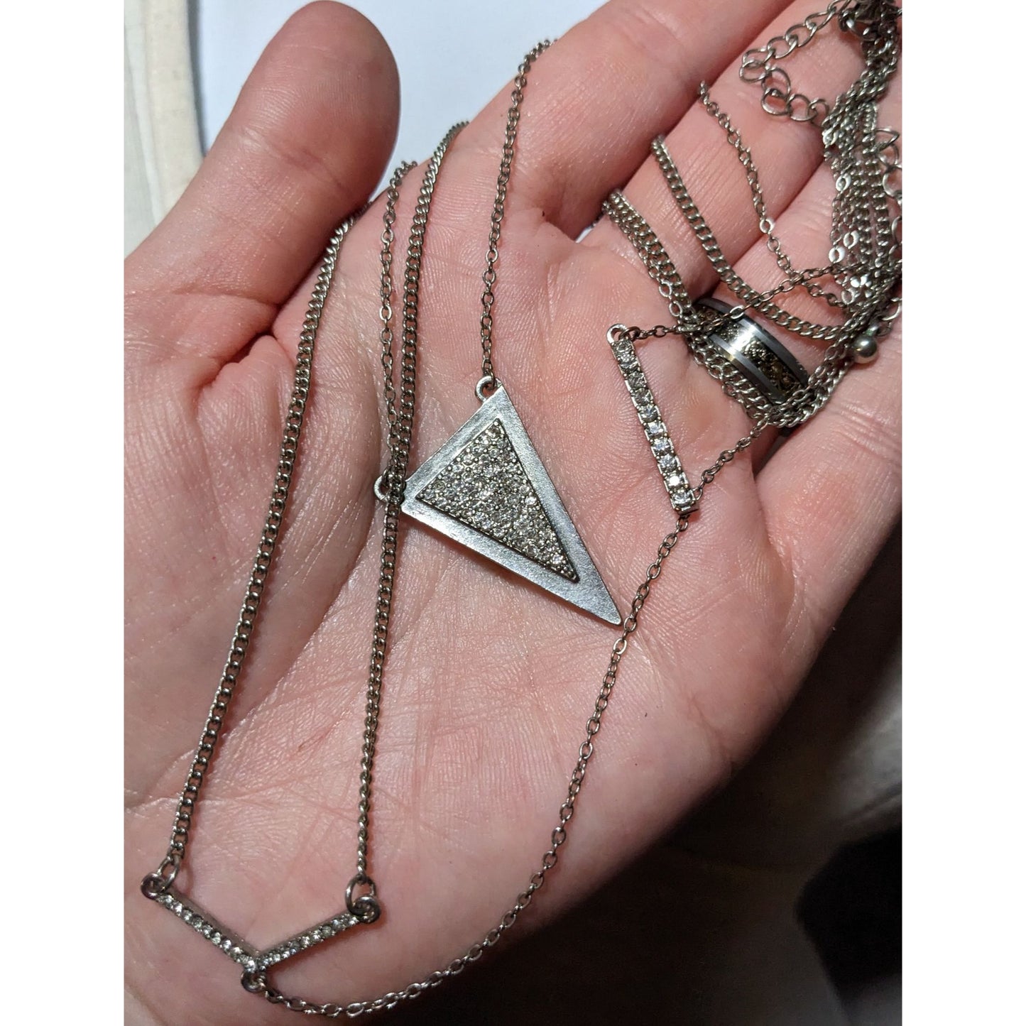 Silver Rhinestone Geometric Lariat Necklace