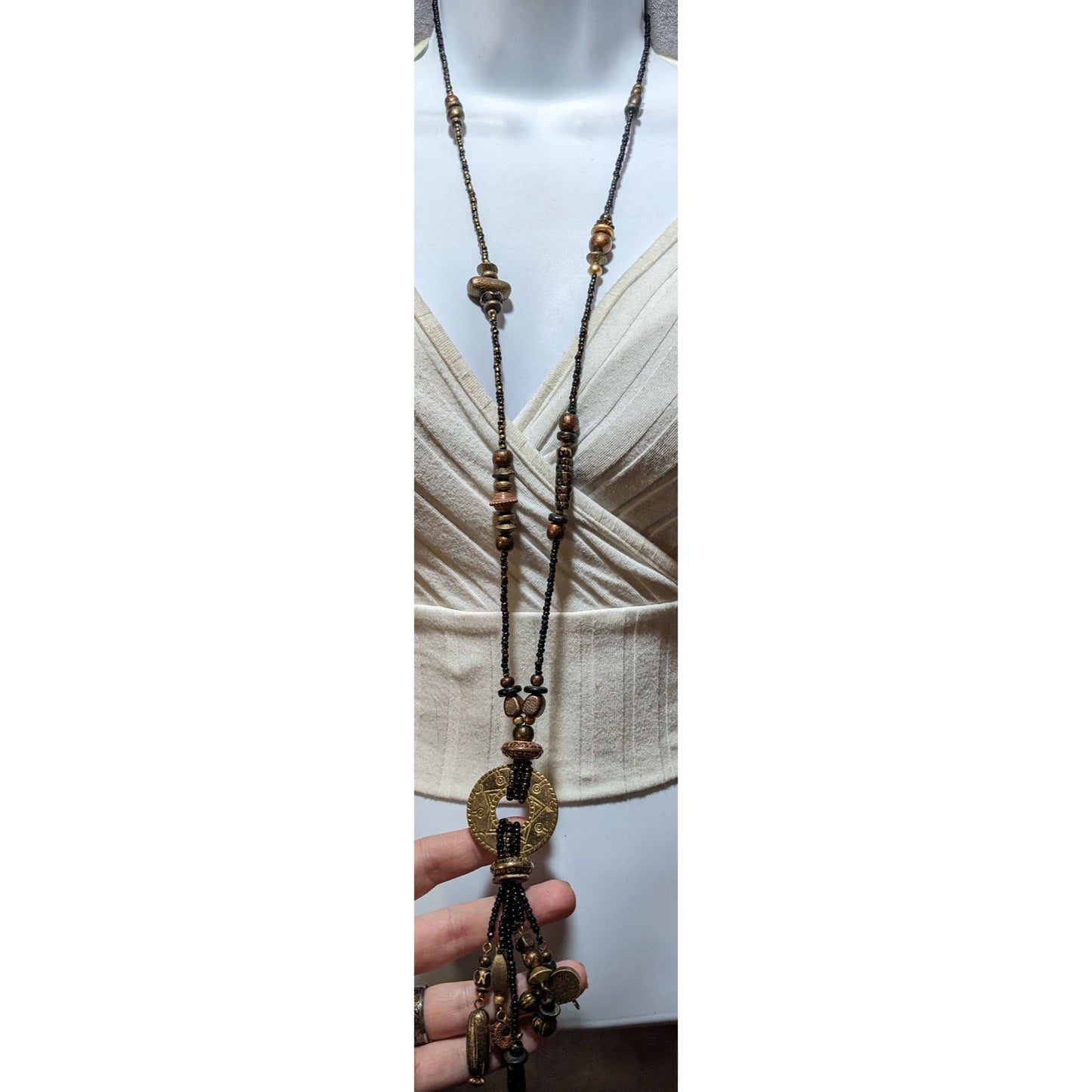 Vintage Southwestern Black And Gold Beaded Tassel Necklace