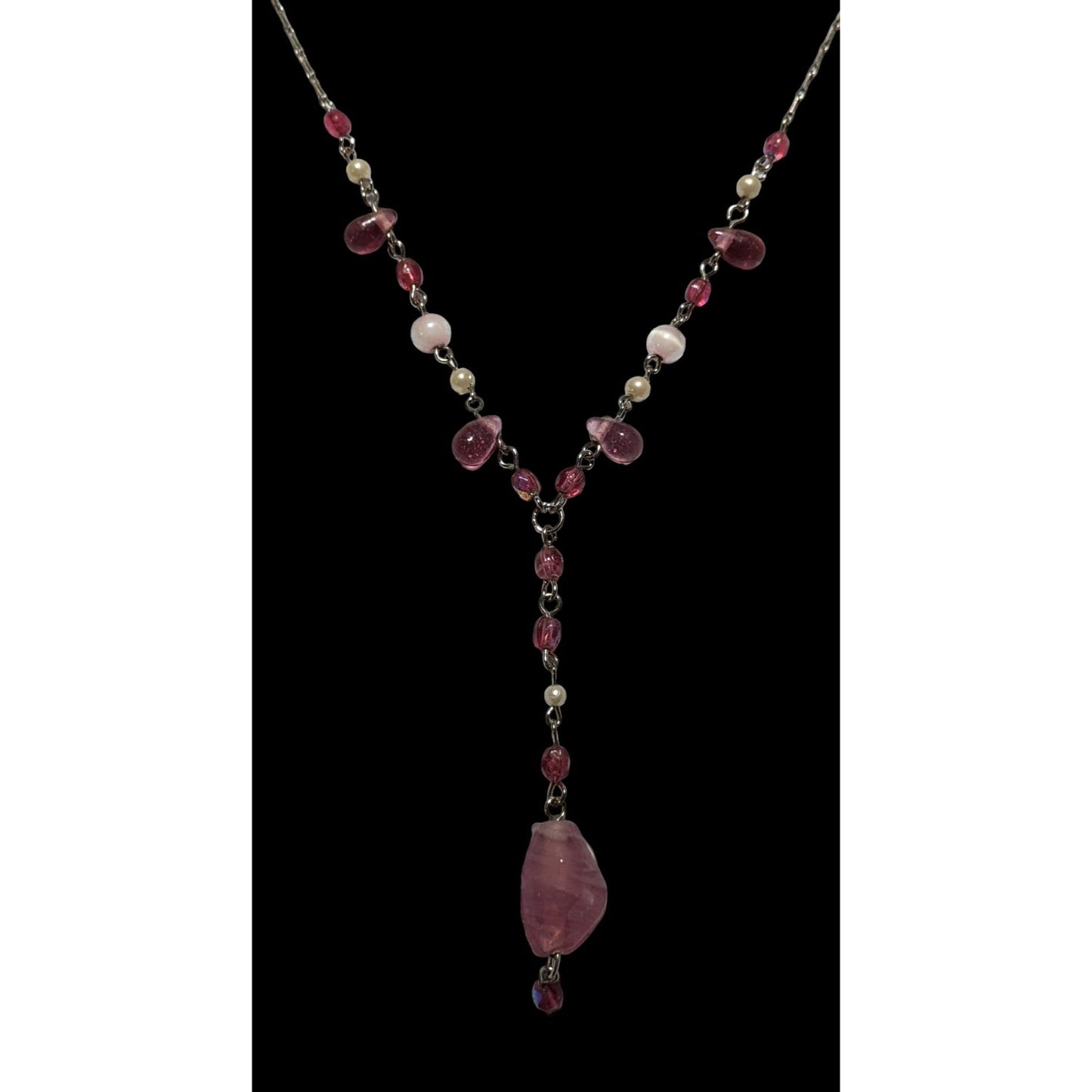 Pink Beaded Y-Necklace With Glass Pendant