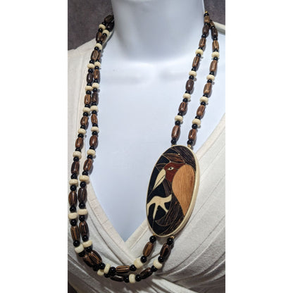 Vintage Wooden Beaded Bird Necklace